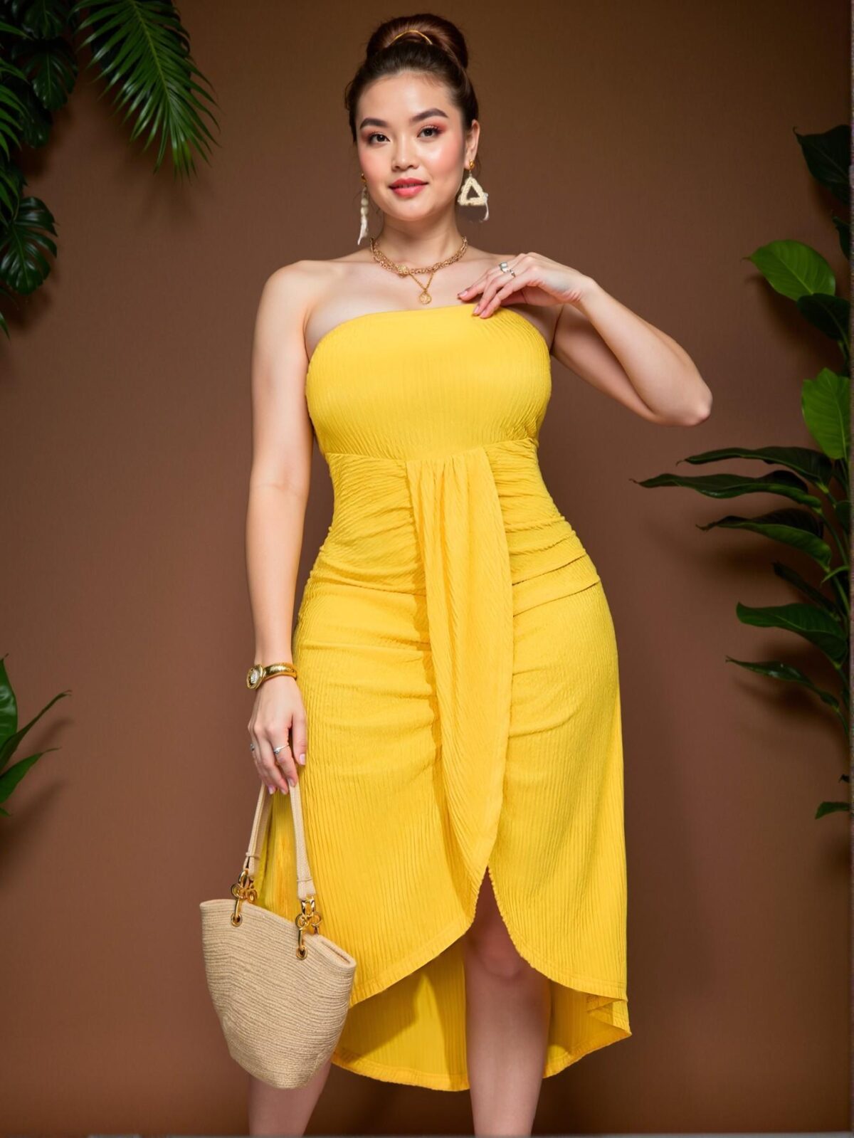 Elegant Yellow Casual Vacation Tube Dress with Overlapping Pleat Design and Asymmetrical Hem for Spring and Summer Chic, Classy and Trendy Fashion Style to Dress to Impress