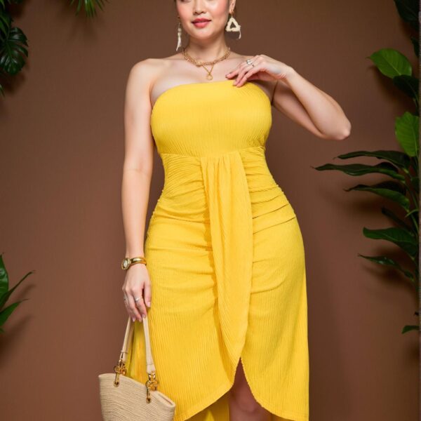 Elegant Yellow Casual Vacation Tube Dress with Overlapping Pleat Design and Asymmetrical Hem for Spring and Summer Chic, Classy and Trendy Fashion Style to Dress to Impress