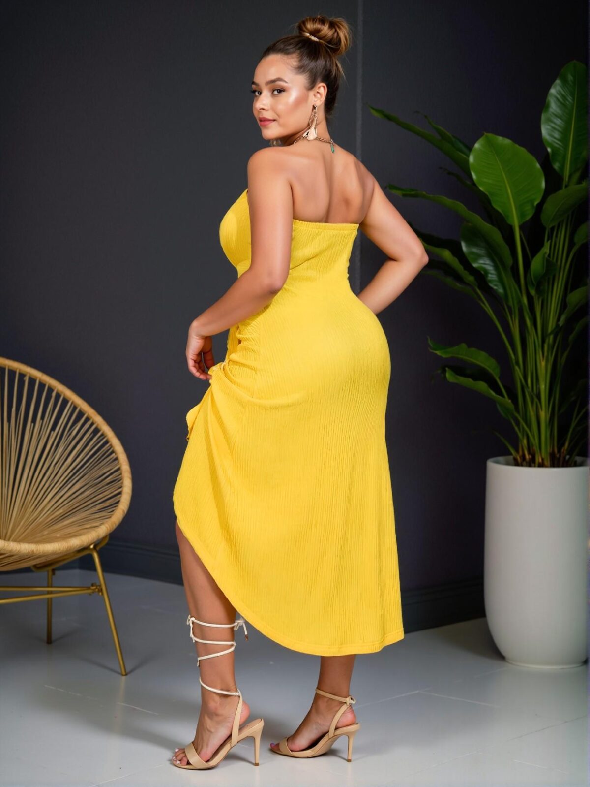 Elegant Yellow Casual Vacation Tube Dress with Overlapping Pleat Design and Asymmetrical Hem for Spring and Summer Chic, Classy and Trendy Fashion Style to Dress to Impress - Image 2