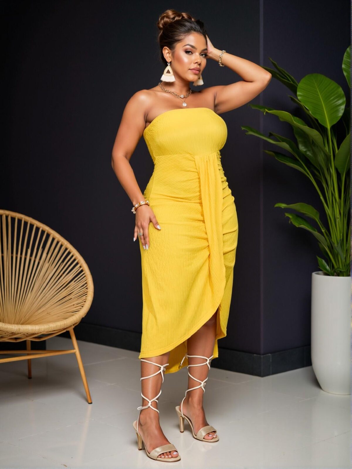 Elegant Yellow Casual Vacation Tube Dress with Overlapping Pleat Design and Asymmetrical Hem for Spring and Summer Chic, Classy and Trendy Fashion Style to Dress to Impress - Image 3