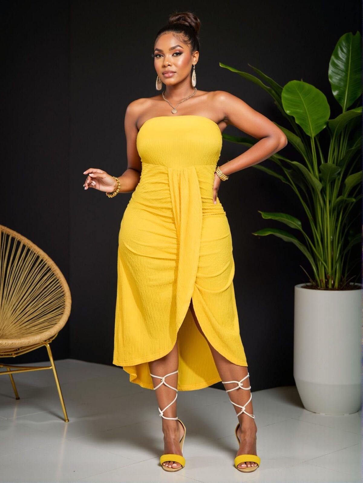 Elegant Yellow Casual Vacation Tube Dress with Overlapping Pleat Design and Asymmetrical Hem for Spring and Summer Chic, Classy and Trendy Fashion Style to Dress to Impress - Image 5