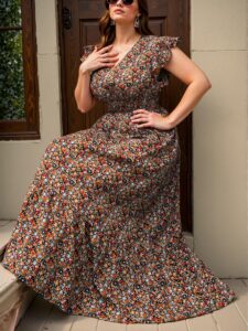 Elegant Multicolor Flared Long V-Neck Dress with Ruffled Hem and Cap Sleeves for Women - Chic, Classy, and Trendy Fashion Style to Dress to Impress