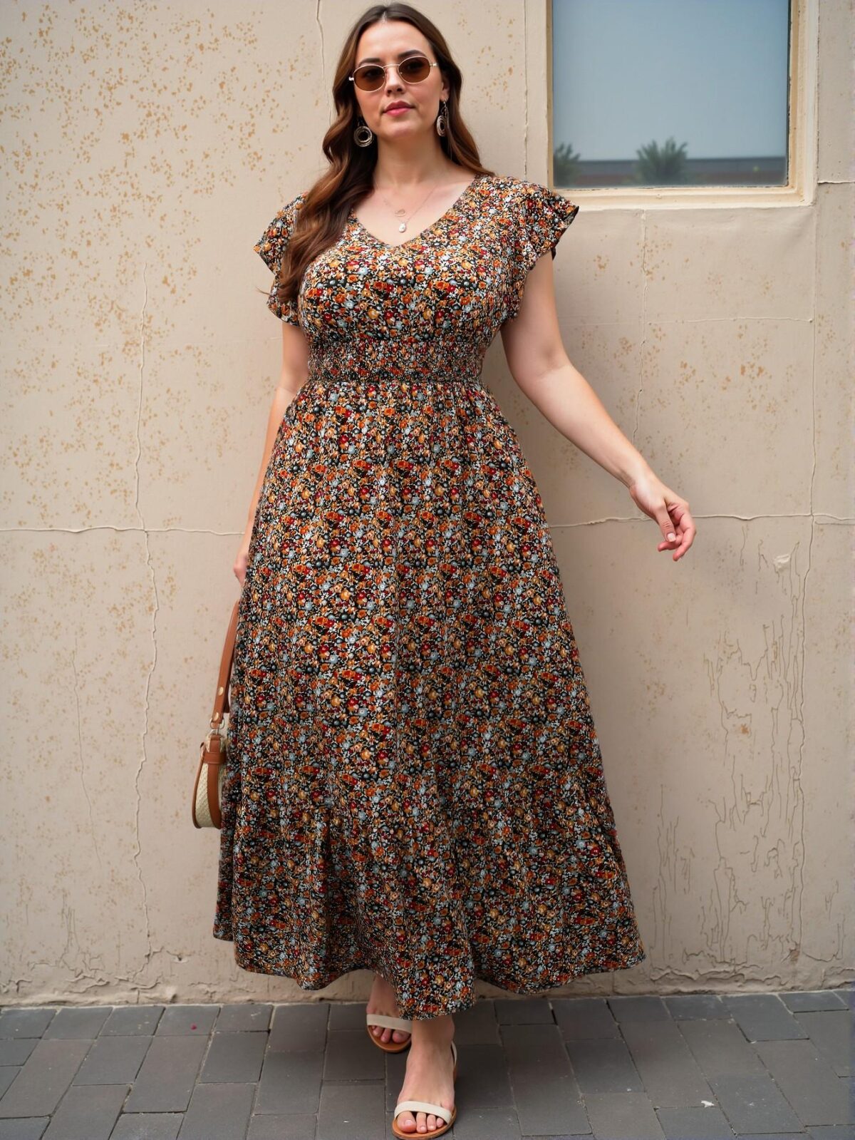 Elegant Multicolor Flared Long V-Neck Dress with Ruffled Hem and Cap Sleeves for Women - Chic, Classy, and Trendy Fashion Style to Dress to Impress - Image 2