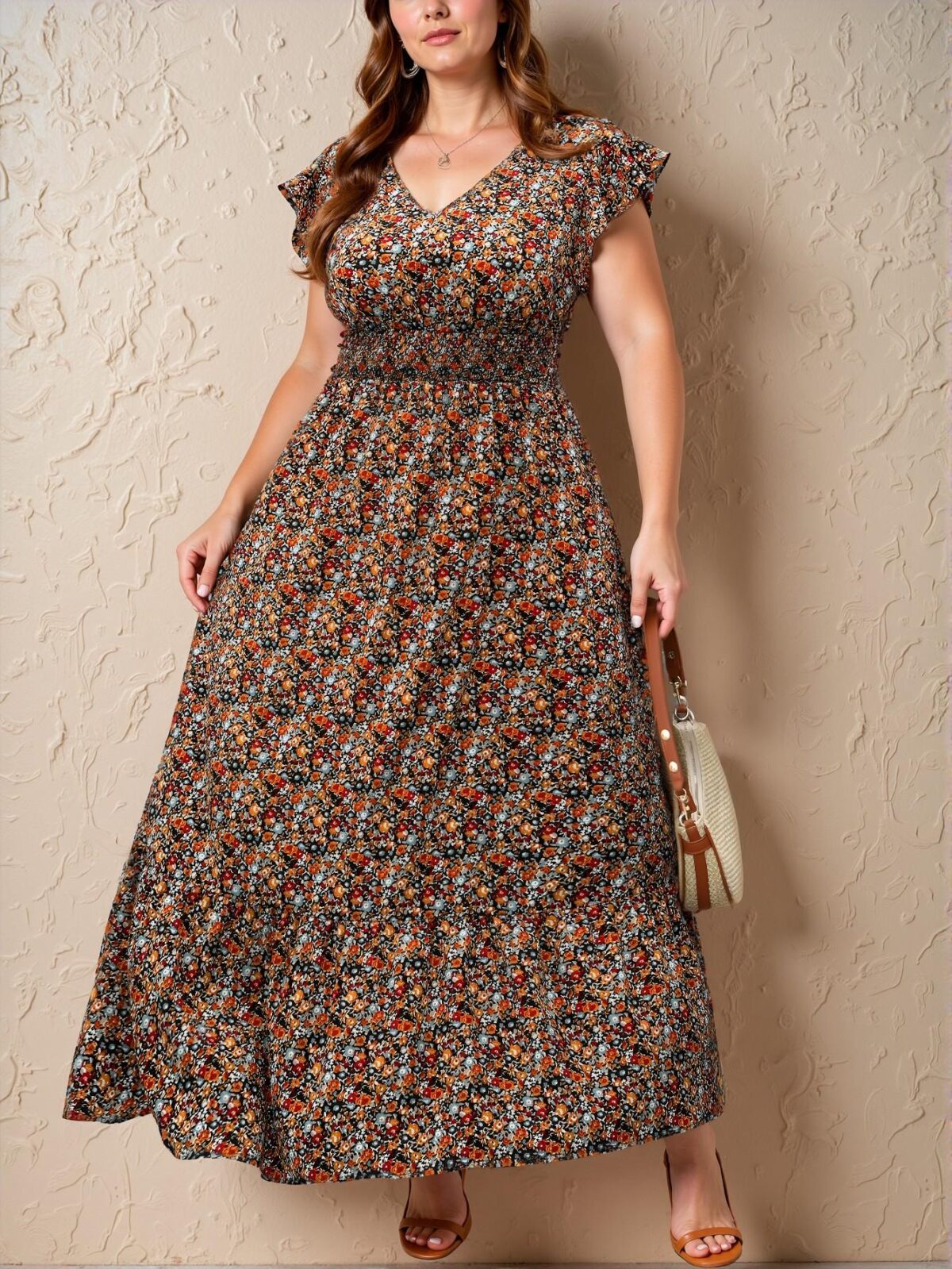 Elegant Multicolor Flared Long V-Neck Dress with Ruffled Hem and Cap Sleeves for Women - Chic, Classy, and Trendy Fashion Style to Dress to Impress - Image 3