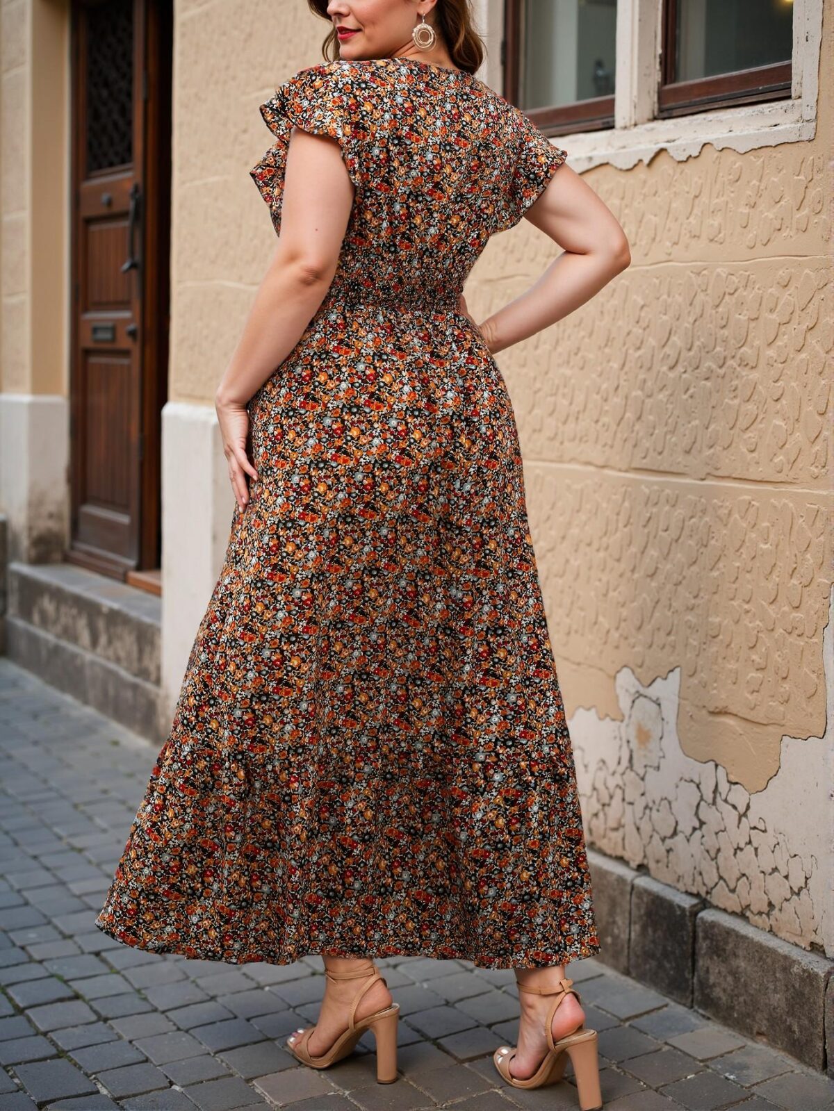 Elegant Multicolor Flared Long V-Neck Dress with Ruffled Hem and Cap Sleeves for Women - Chic, Classy, and Trendy Fashion Style to Dress to Impress - Image 4