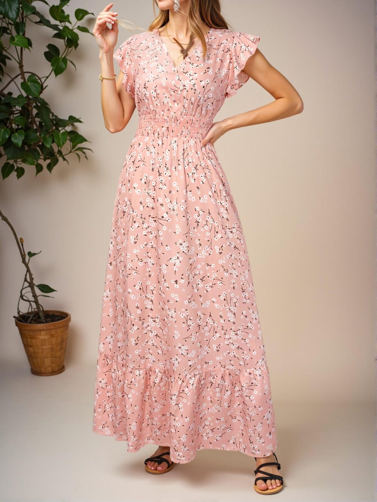 Elegant Pink Flounce Sleeve A-Line Dress with Ditsy Floral Print for Spring and Summer - Chic, Classy and Trendy Fashion Style to Dress to Impress