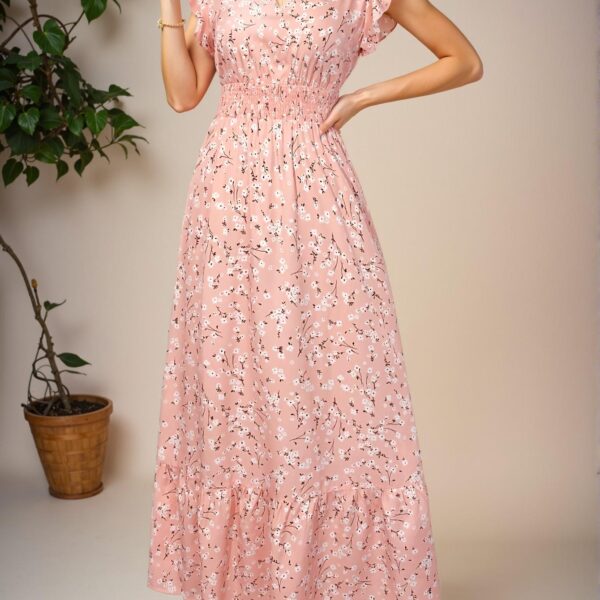 Elegant Pink Flounce Sleeve A-Line Dress with Ditsy Floral Print for Spring and Summer - Chic, Classy and Trendy Fashion Style to Dress to Impress