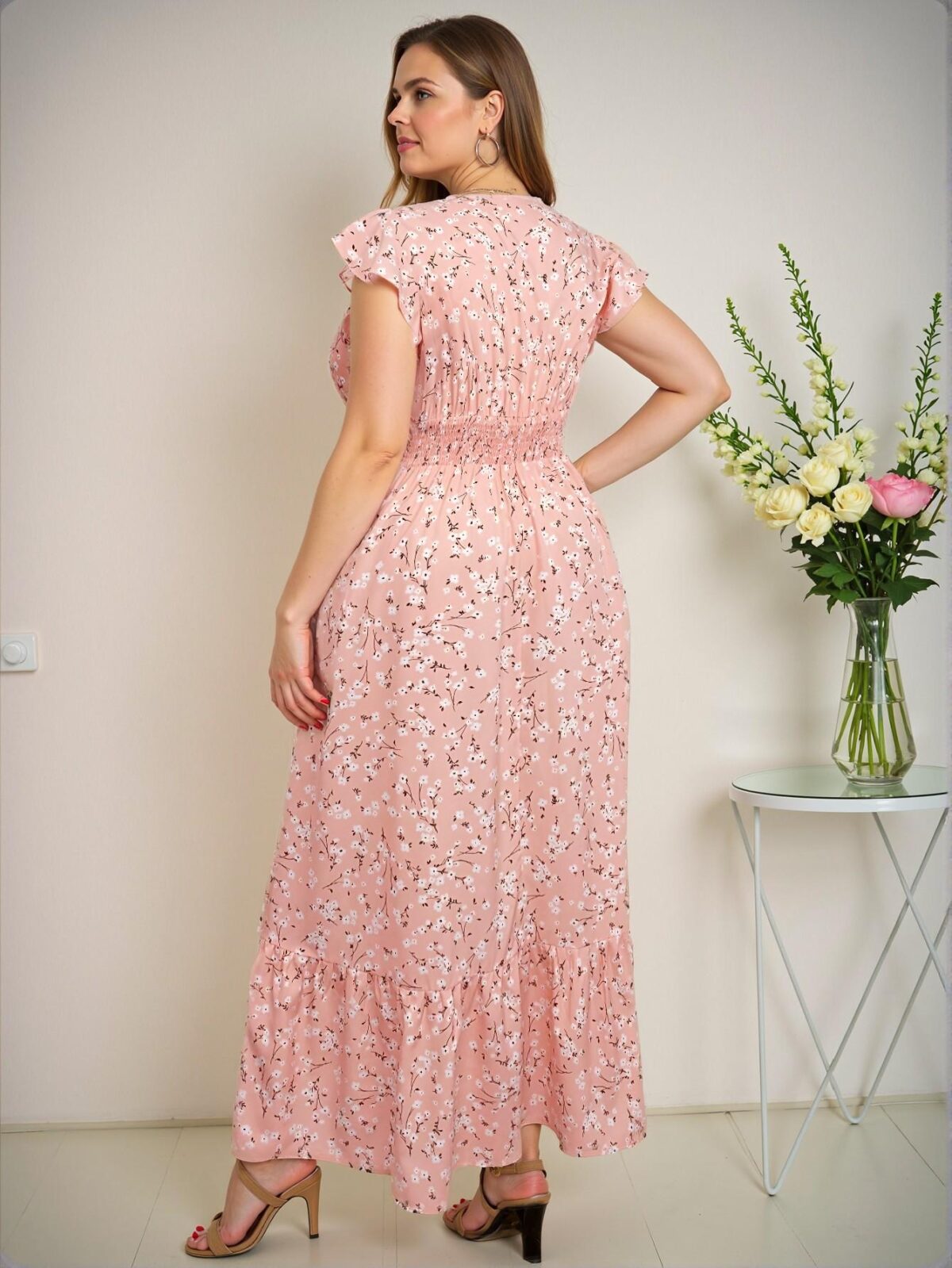 Elegant Pink Flounce Sleeve A-Line Dress with Ditsy Floral Print for Spring and Summer - Chic, Classy and Trendy Fashion Style to Dress to Impress - Image 2