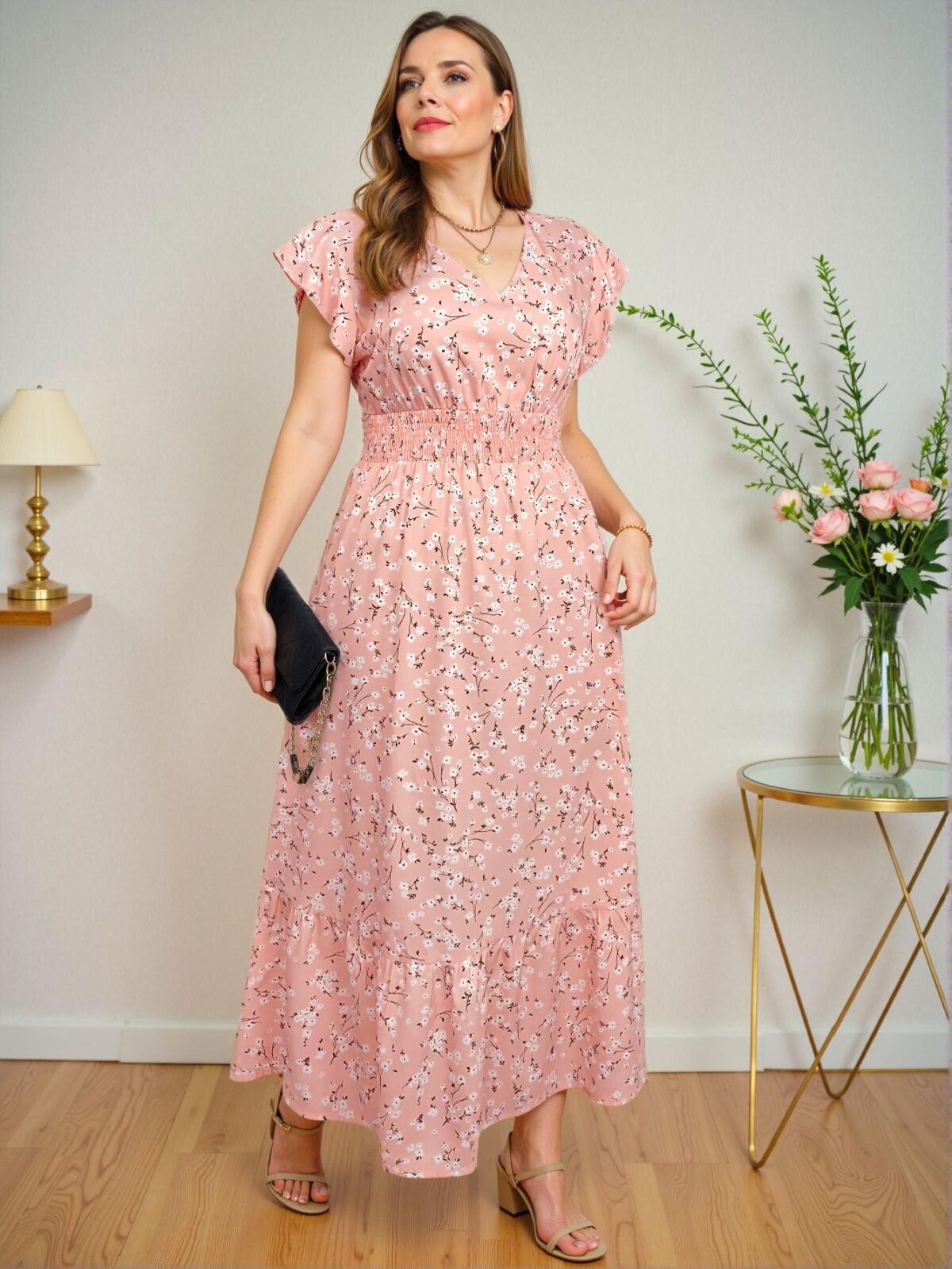 Elegant Pink Flounce Sleeve A-Line Dress with Ditsy Floral Print for Spring and Summer - Chic, Classy and Trendy Fashion Style to Dress to Impress - Image 4