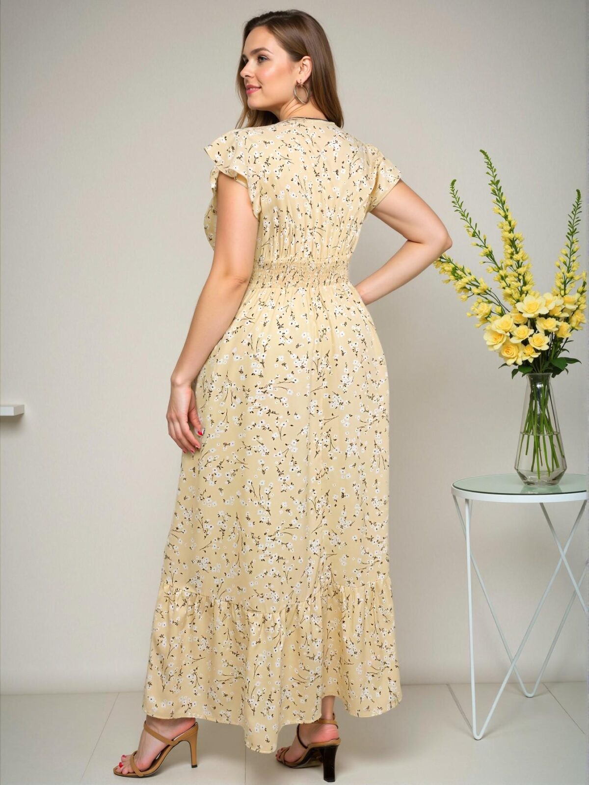 Elegant Yellow A-Line Flounce Sleeve Floral Dress Perfect for Spring and Summer Getaways Chic, Classy and Trendy Fashion Style to Dress to Impress - Image 2