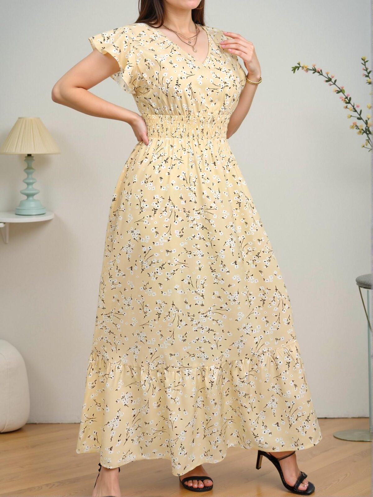 Elegant Yellow A-Line Flounce Sleeve Floral Dress Perfect for Spring and Summer Getaways Chic, Classy and Trendy Fashion Style to Dress to Impress - Image 3