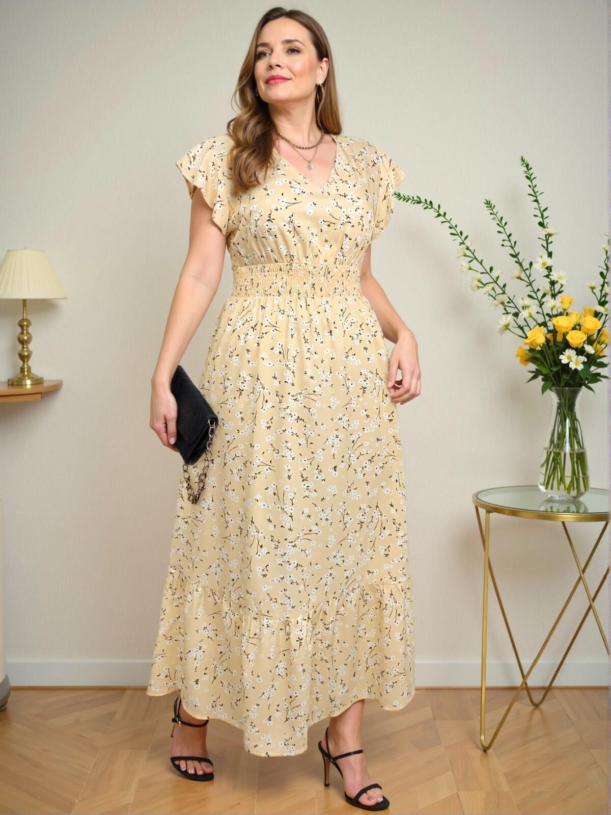 Elegant Yellow A-Line Flounce Sleeve Floral Dress Perfect for Spring and Summer Getaways Chic, Classy and Trendy Fashion Style to Dress to Impress - Image 4