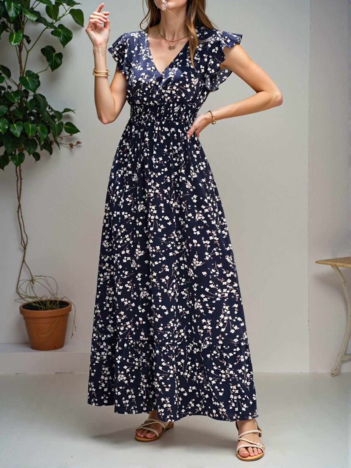 Elegant Navy Blue Long Flowy Floral Dress with Ruffle Hem for Summer and Beach Outings – Chic, Classy and Trendy Fashion Style to Dress to Impress