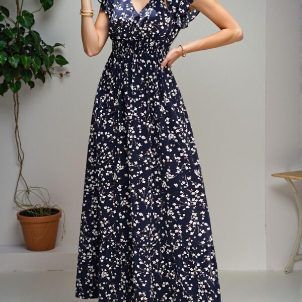 Elegant Navy Blue Long Flowy Floral Dress with Ruffle Hem for Summer and Beach Outings – Chic, Classy and Trendy Fashion Style to Dress to Impress