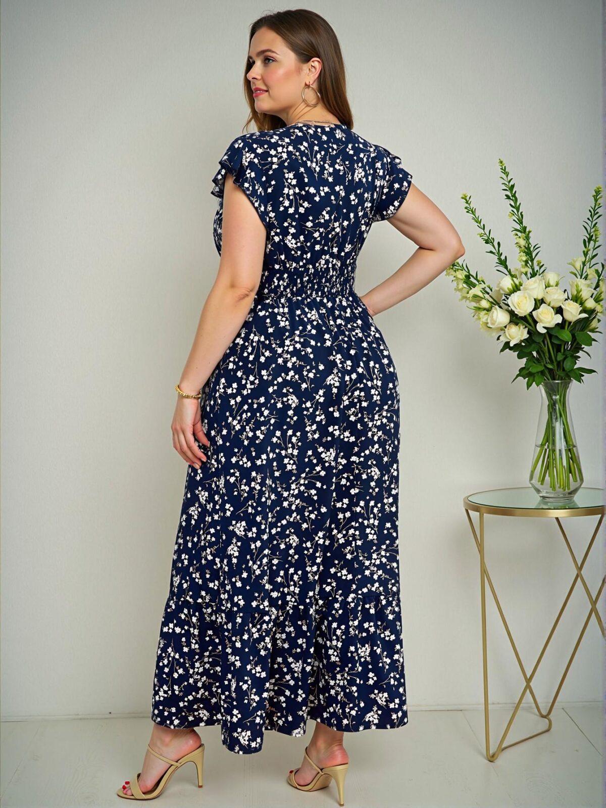 Elegant Navy Blue Long Flowy Floral Dress with Ruffle Hem for Summer and Beach Outings – Chic, Classy and Trendy Fashion Style to Dress to Impress - Image 2