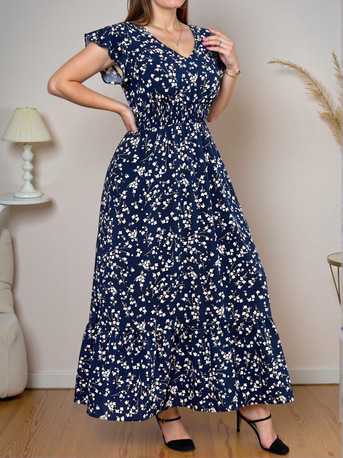 Elegant Navy Blue Long Flowy Floral Dress with Ruffle Hem for Summer and Beach Outings – Chic, Classy and Trendy Fashion Style to Dress to Impress - Image 3