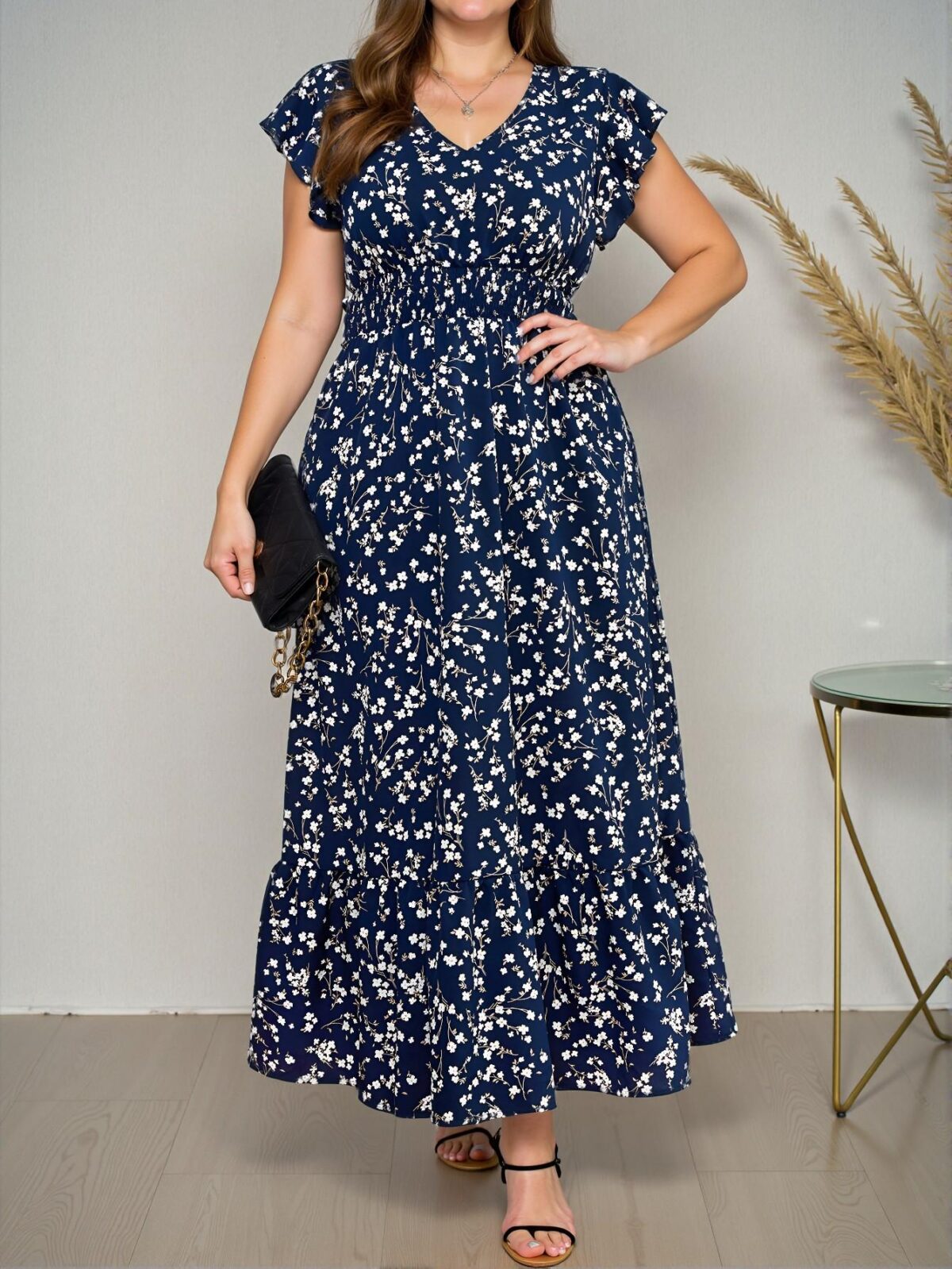 Elegant Navy Blue Long Flowy Floral Dress with Ruffle Hem for Summer and Beach Outings – Chic, Classy and Trendy Fashion Style to Dress to Impress - Image 5