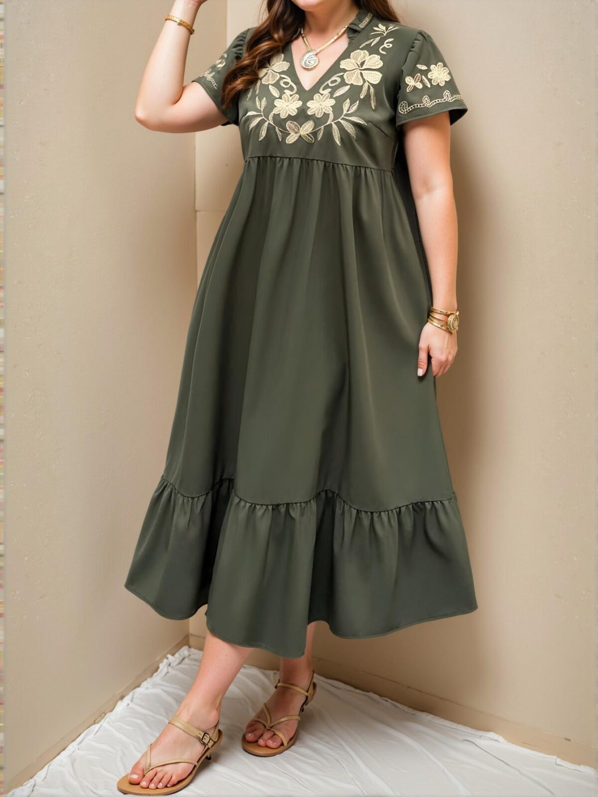 Elegant Army Green Boho Vacation Dress with Floral Embroidery and Flounce Hem for Casual Spring and Summer Style – Chic, Classy and Trendy Fashion to Dress to Impress
