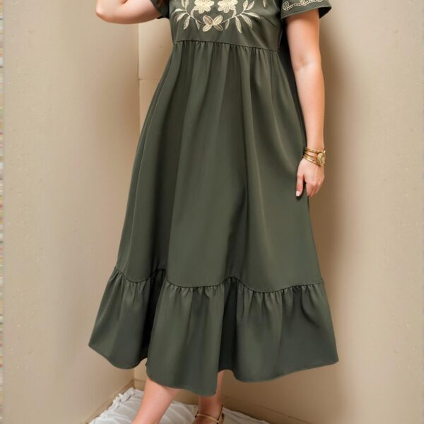 Elegant Army Green Boho Vacation Dress with Floral Embroidery and Flounce Hem for Casual Spring and Summer Style – Chic, Classy and Trendy Fashion to Dress to Impress