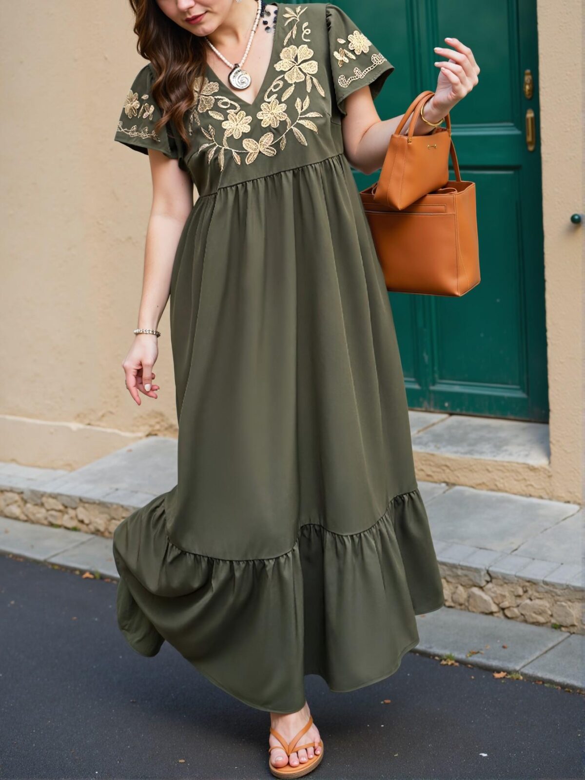 Elegant Army Green Boho Vacation Dress with Floral Embroidery and Flounce Hem for Casual Spring and Summer Style – Chic, Classy and Trendy Fashion to Dress to Impress - Image 4