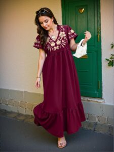 Elegant Burgundy Floral Embroidered Smock Dress with Flounce Sleeves for Spring and Summer - Chic, Classy and Trendy Fashion Style to Dress to Impress