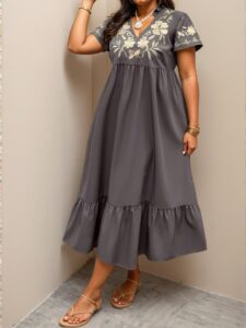 Elegant Grey Floral Embroidered Boho Midi Dress with Ruffle Hem for Stylish Summers "Chic, Classy and Trendy Fashion Style to Dress to Impress"