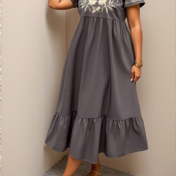 Elegant Grey Floral Embroidered Boho Midi Dress with Ruffle Hem for Stylish Summers "Chic, Classy and Trendy Fashion Style to Dress to Impress"