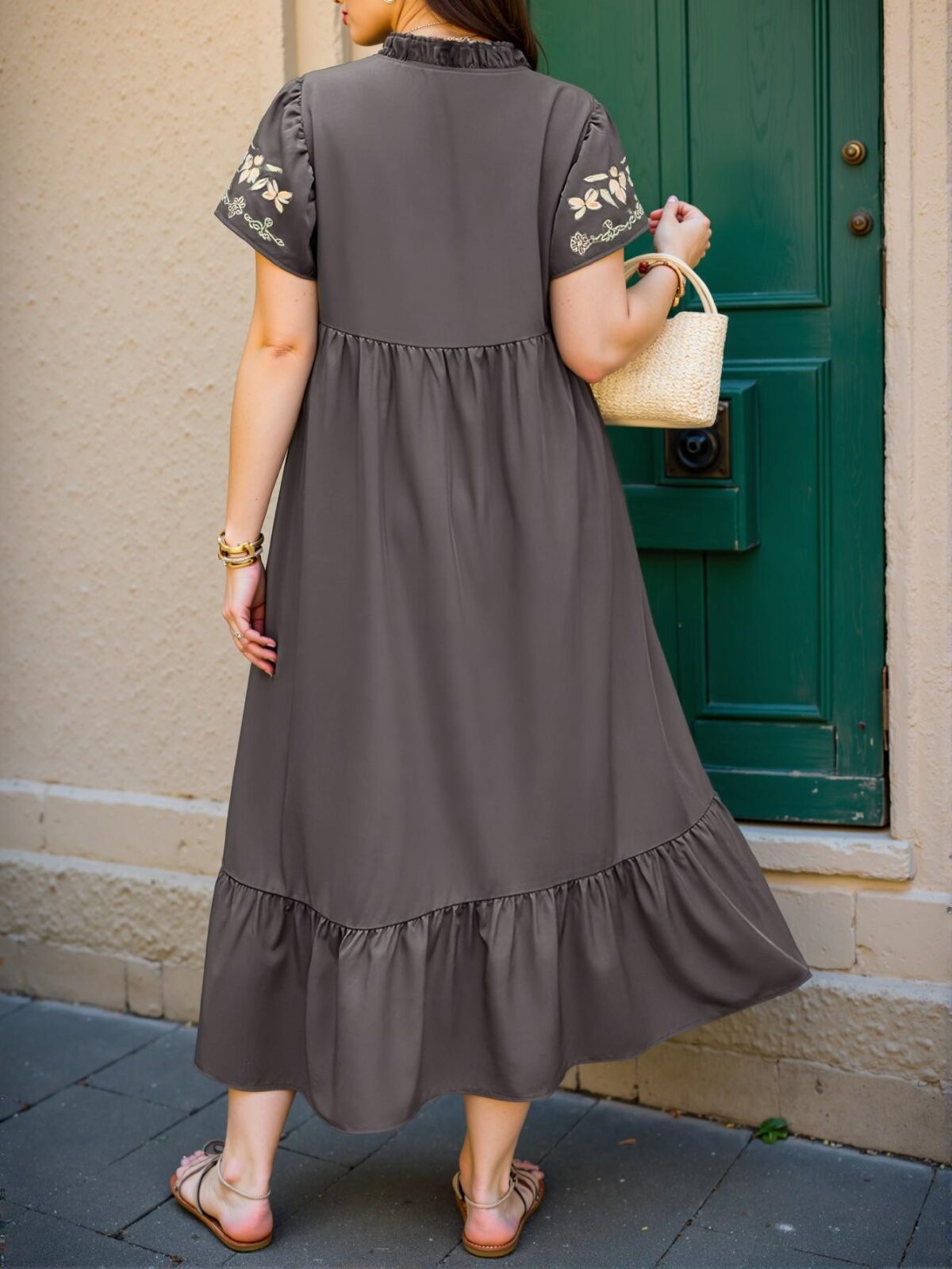 Elegant Grey Floral Embroidered Boho Midi Dress with Ruffle Hem for Stylish Summers "Chic, Classy and Trendy Fashion Style to Dress to Impress" - Image 2