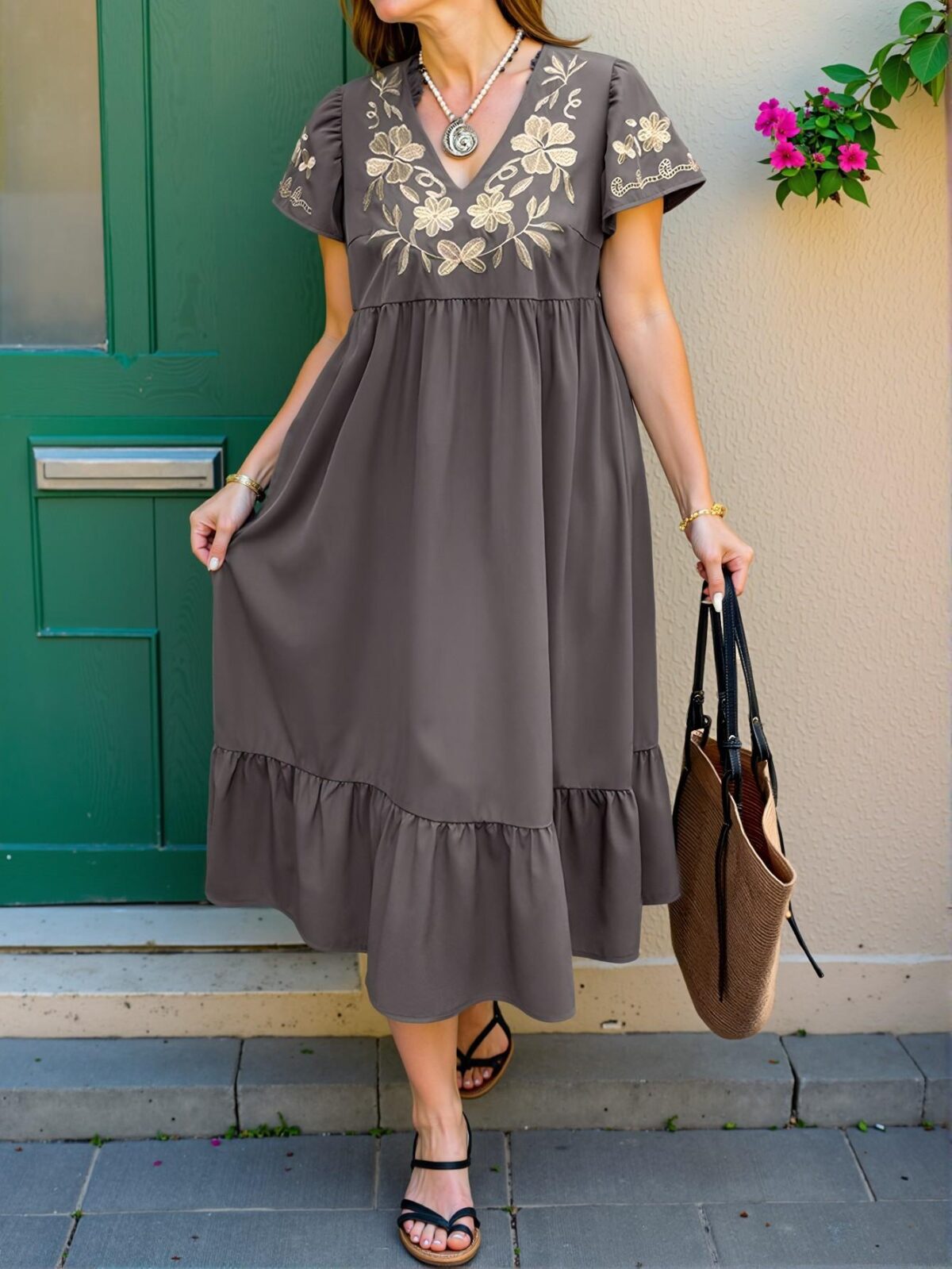 Elegant Grey Floral Embroidered Boho Midi Dress with Ruffle Hem for Stylish Summers "Chic, Classy and Trendy Fashion Style to Dress to Impress" - Image 3