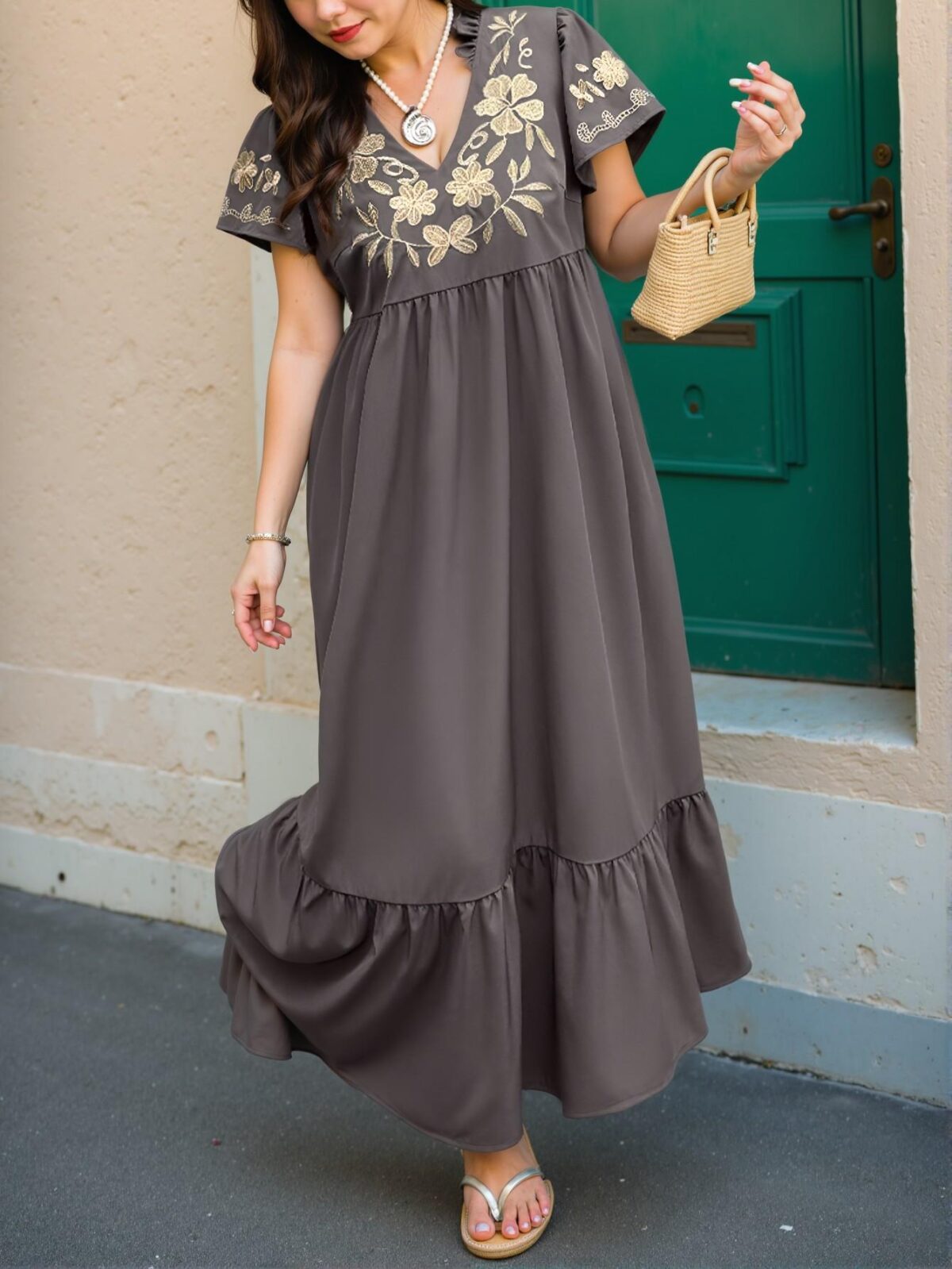 Elegant Grey Floral Embroidered Boho Midi Dress with Ruffle Hem for Stylish Summers "Chic, Classy and Trendy Fashion Style to Dress to Impress" - Image 4