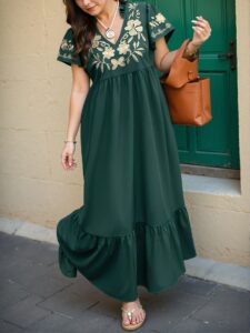 Elegant Dark Green Charming Floral Embroidery Short Sleeve Smock Dress for Spring and Summer - Chic, Classy and Trendy Fashion Style to Dress to Impress