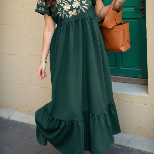 Elegant Dark Green Charming Floral Embroidery Short Sleeve Smock Dress for Spring and Summer - Chic, Classy and Trendy Fashion Style to Dress to Impress