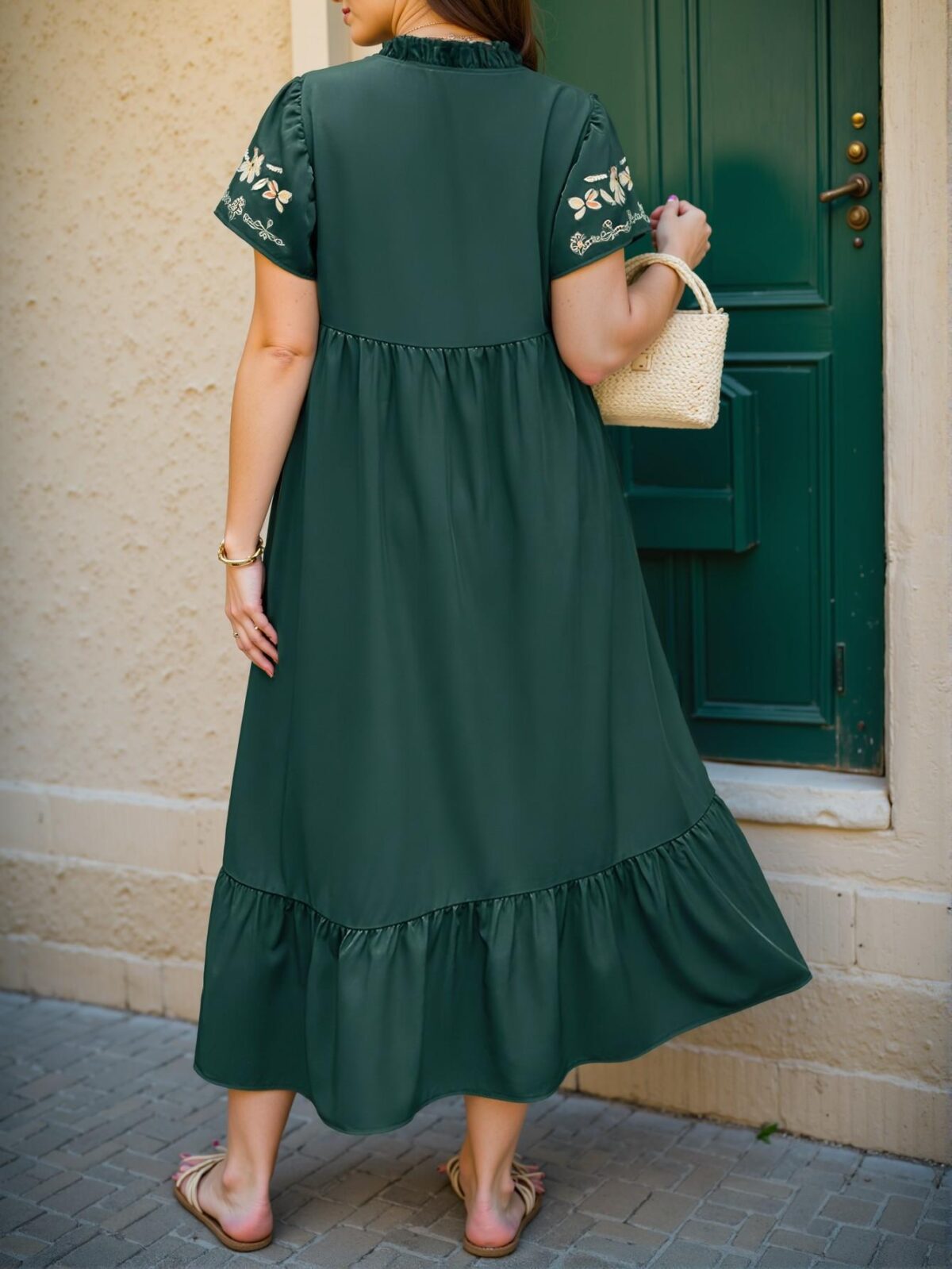 Elegant Dark Green Charming Floral Embroidery Short Sleeve Smock Dress for Spring and Summer - Chic, Classy and Trendy Fashion Style to Dress to Impress - Image 2