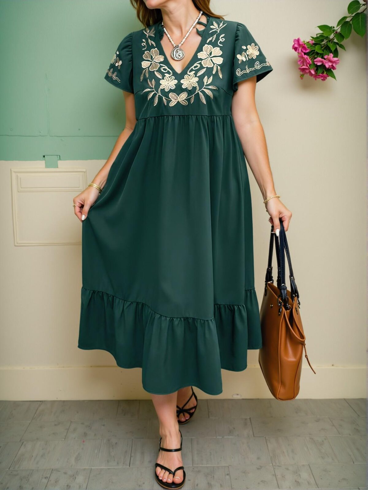 Elegant Dark Green Charming Floral Embroidery Short Sleeve Smock Dress for Spring and Summer - Chic, Classy and Trendy Fashion Style to Dress to Impress - Image 3