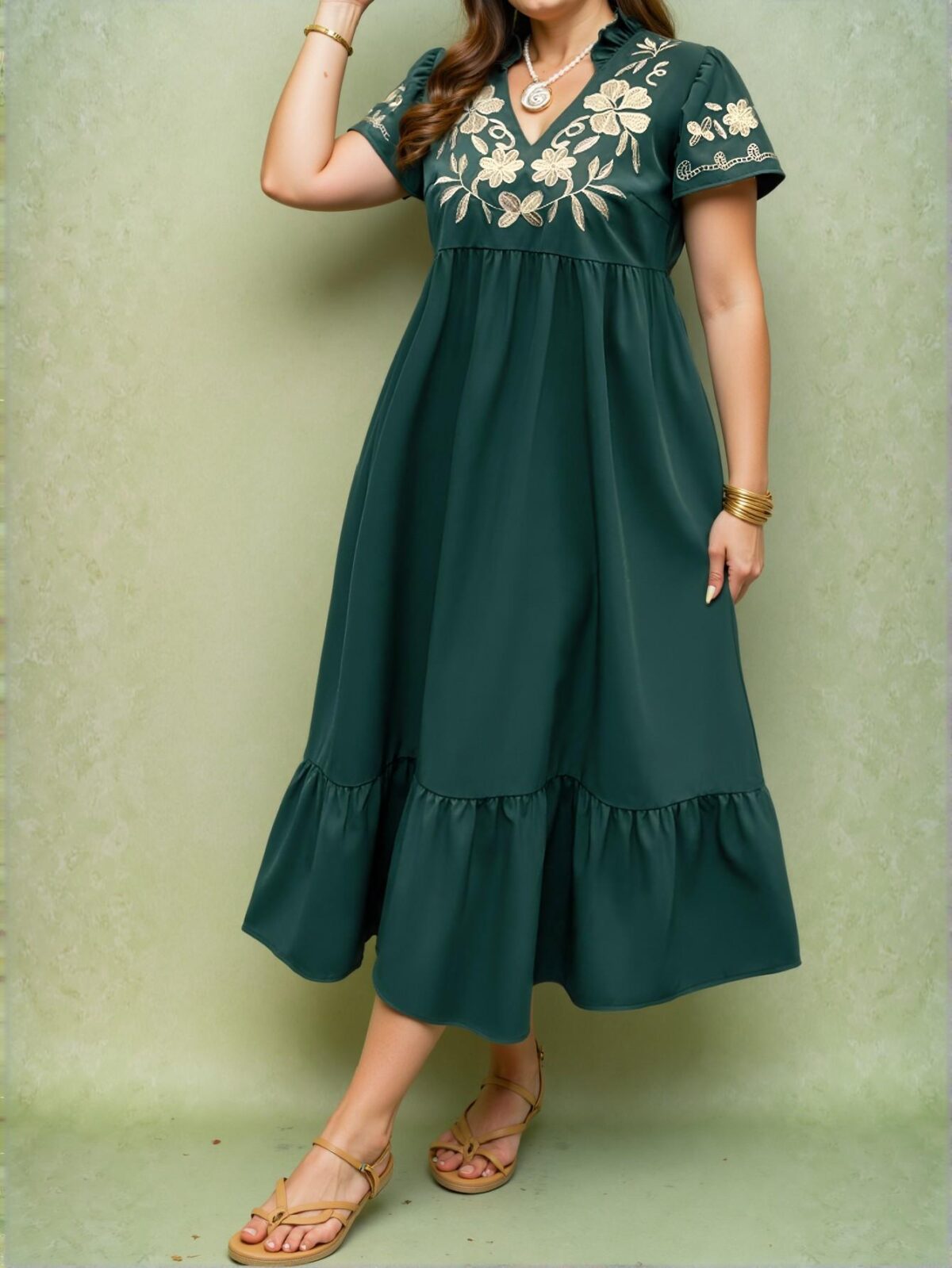 Elegant Dark Green Charming Floral Embroidery Short Sleeve Smock Dress for Spring and Summer - Chic, Classy and Trendy Fashion Style to Dress to Impress - Image 4