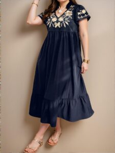 Elegant Navy Blue Stylish Plus Size V-Neck Embroidered Flounce Hem Casual Dress with Vibrant Tropical Floral Print for Spring and Summer Chic, Classy and Trendy Fashion Style to Dress to Impress