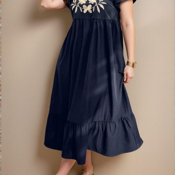 Elegant Navy Blue Stylish Plus Size V-Neck Embroidered Flounce Hem Casual Dress with Vibrant Tropical Floral Print for Spring and Summer Chic, Classy and Trendy Fashion Style to Dress to Impress
