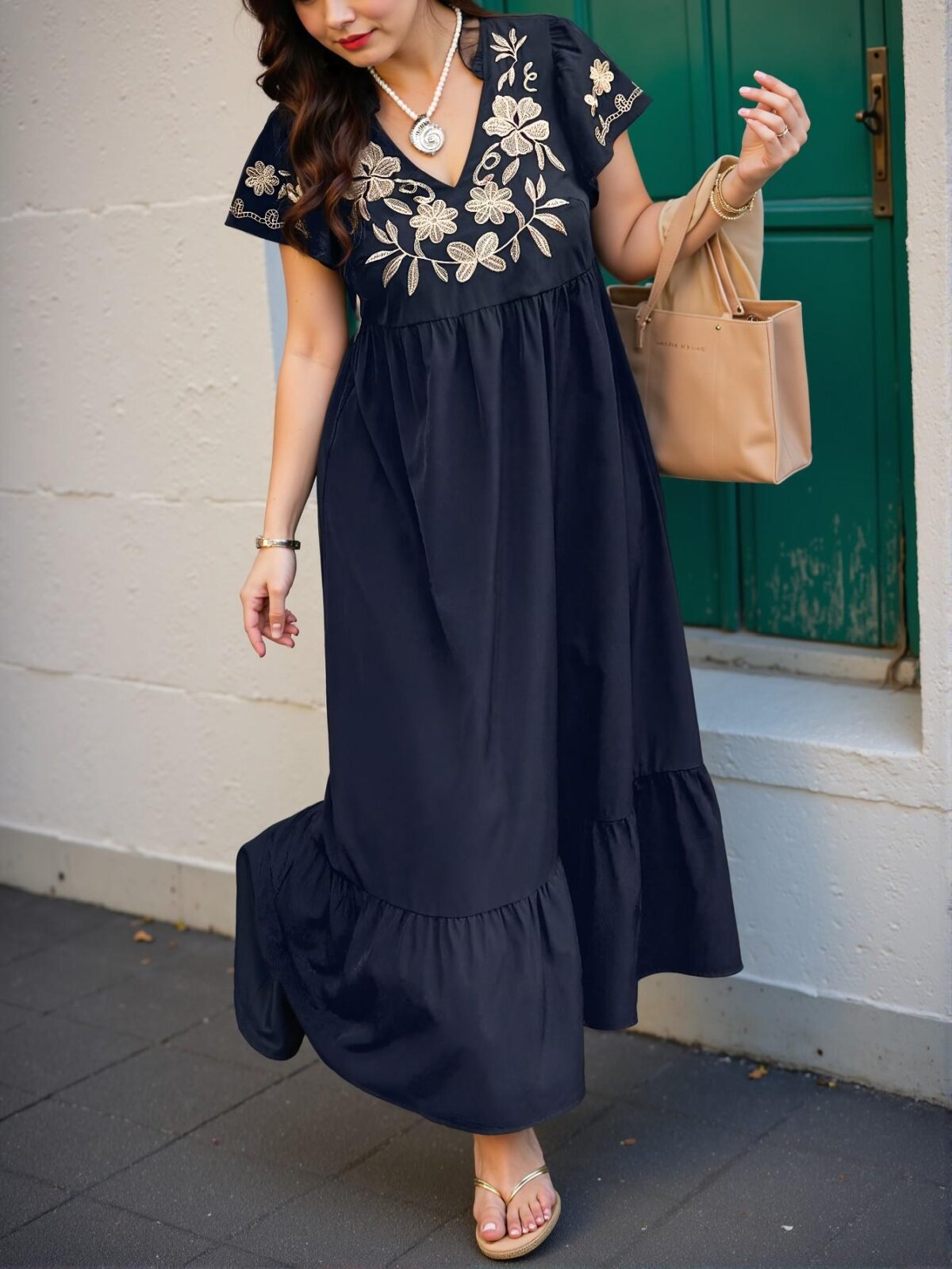 Elegant Navy Blue Stylish Plus Size V-Neck Embroidered Flounce Hem Casual Dress with Vibrant Tropical Floral Print for Spring and Summer Chic, Classy and Trendy Fashion Style to Dress to Impress - Image 3
