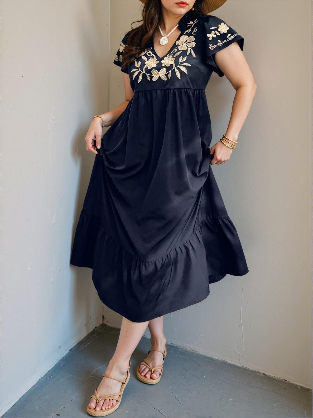 Elegant Navy Blue Stylish Plus Size V-Neck Embroidered Flounce Hem Casual Dress with Vibrant Tropical Floral Print for Spring and Summer Chic, Classy and Trendy Fashion Style to Dress to Impress - Image 4