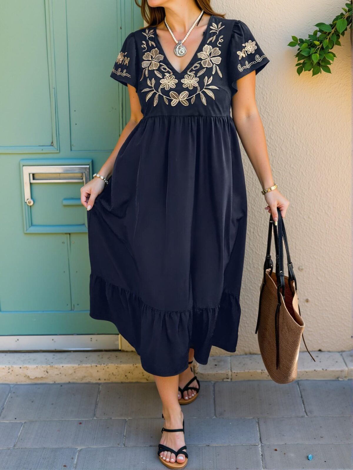 Elegant Navy Blue Stylish Plus Size V-Neck Embroidered Flounce Hem Casual Dress with Vibrant Tropical Floral Print for Spring and Summer Chic, Classy and Trendy Fashion Style to Dress to Impress - Image 5