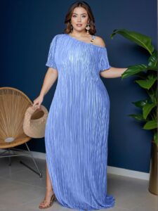 Elegant Blue Stylish Asymmetrical Collar Dress with Metal Button Accents and Pocket Features for Spring and Summer – Chic, Classy and Trendy Fashion Style to Dress to Impress.