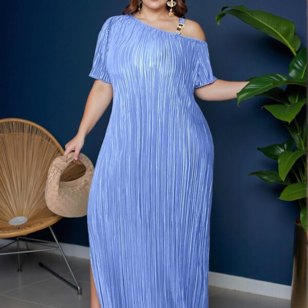 Elegant Blue Stylish Asymmetrical Collar Dress with Metal Button Accents and Pocket Features for Spring and Summer – Chic, Classy and Trendy Fashion Style to Dress to Impress.