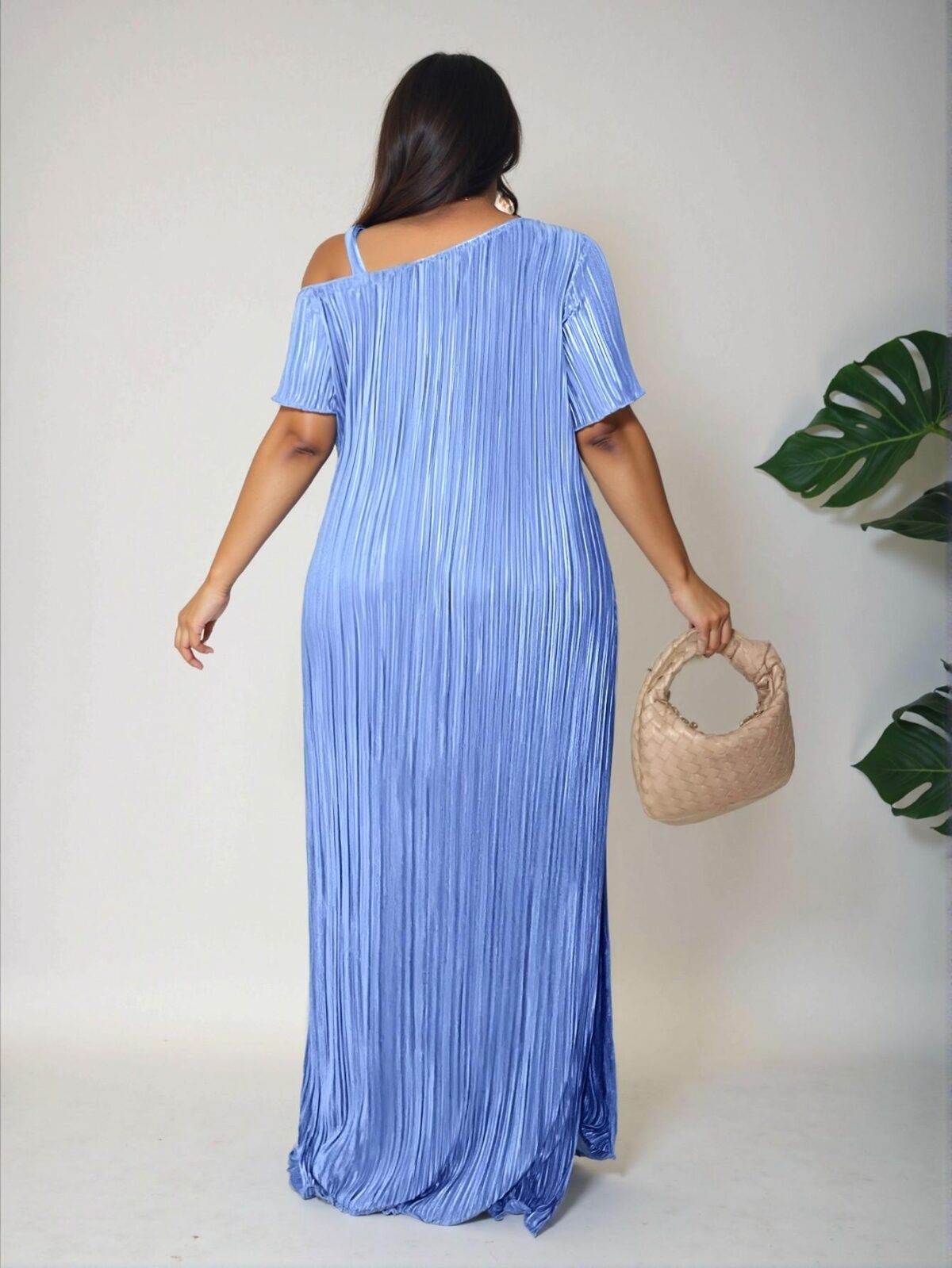 Elegant Blue Stylish Asymmetrical Collar Dress with Metal Button Accents and Pocket Features for Spring and Summer – Chic, Classy and Trendy Fashion Style to Dress to Impress. - Image 3