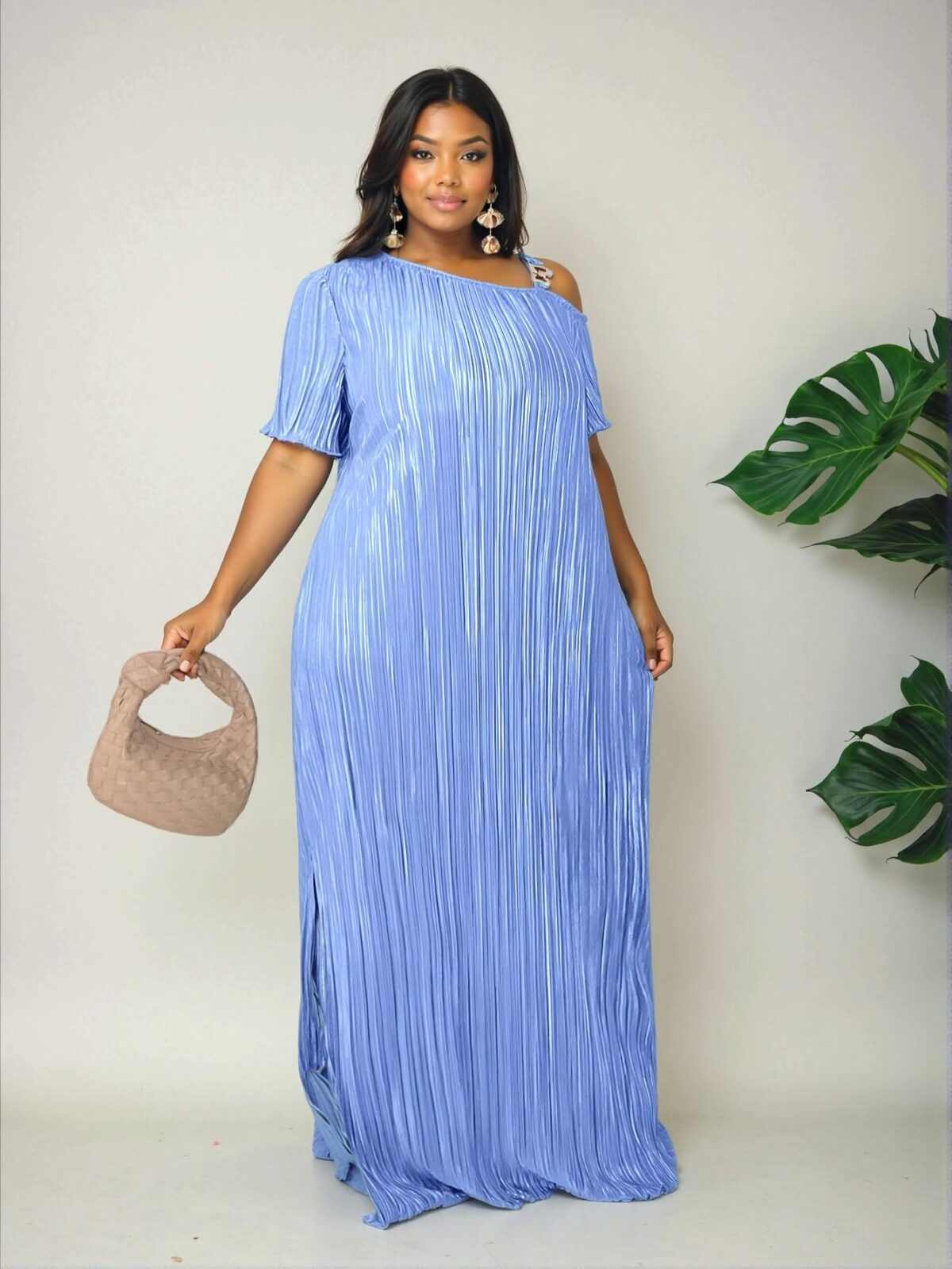 Elegant Blue Stylish Asymmetrical Collar Dress with Metal Button Accents and Pocket Features for Spring and Summer – Chic, Classy and Trendy Fashion Style to Dress to Impress. - Image 4