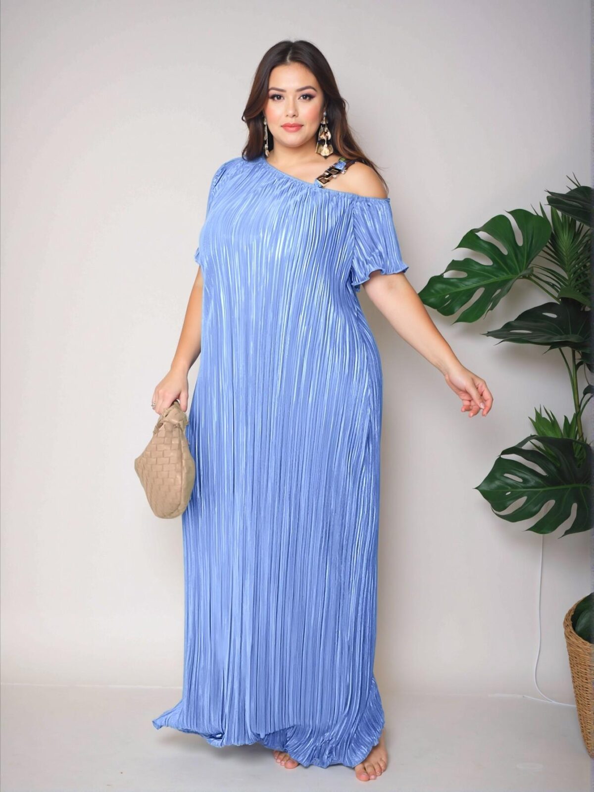 Elegant Blue Stylish Asymmetrical Collar Dress with Metal Button Accents and Pocket Features for Spring and Summer – Chic, Classy and Trendy Fashion Style to Dress to Impress. - Image 5