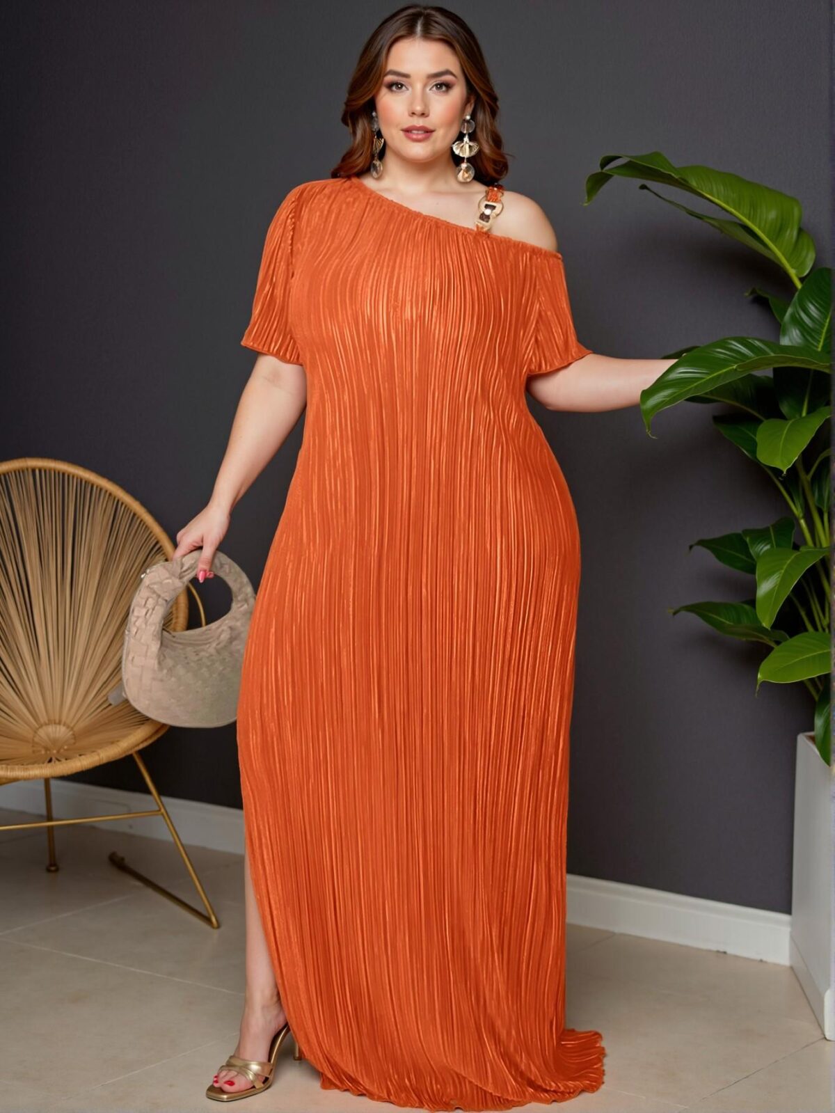 "Elegant Orange Asymmetric Collar Metal Decor Button Short Sleeve Textured Fabric Split Hem Maxi Dress for Women, Perfect for Spring and Summer Outfits. Chic, Classy and Trendy Fashion Style to Dress to Impress"