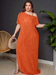 "Elegant Orange Asymmetric Collar Metal Decor Button Short Sleeve Textured Fabric Split Hem Maxi Dress for Women, Perfect for Spring and Summer Outfits. Chic, Classy and Trendy Fashion Style to Dress to Impress"