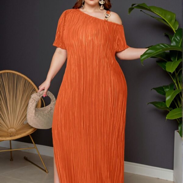 "Elegant Orange Asymmetric Collar Metal Decor Button Short Sleeve Textured Fabric Split Hem Maxi Dress for Women, Perfect for Spring and Summer Outfits. Chic, Classy and Trendy Fashion Style to Dress to Impress"