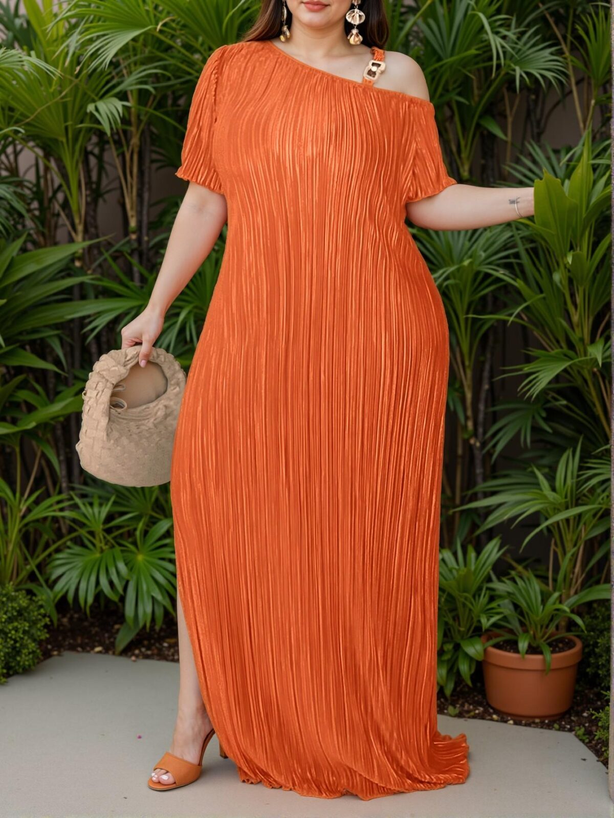 "Elegant Orange Asymmetric Collar Metal Decor Button Short Sleeve Textured Fabric Split Hem Maxi Dress for Women, Perfect for Spring and Summer Outfits. Chic, Classy and Trendy Fashion Style to Dress to Impress" - Image 2