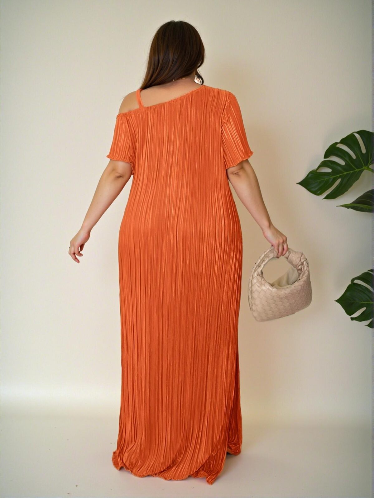 "Elegant Orange Asymmetric Collar Metal Decor Button Short Sleeve Textured Fabric Split Hem Maxi Dress for Women, Perfect for Spring and Summer Outfits. Chic, Classy and Trendy Fashion Style to Dress to Impress" - Image 3